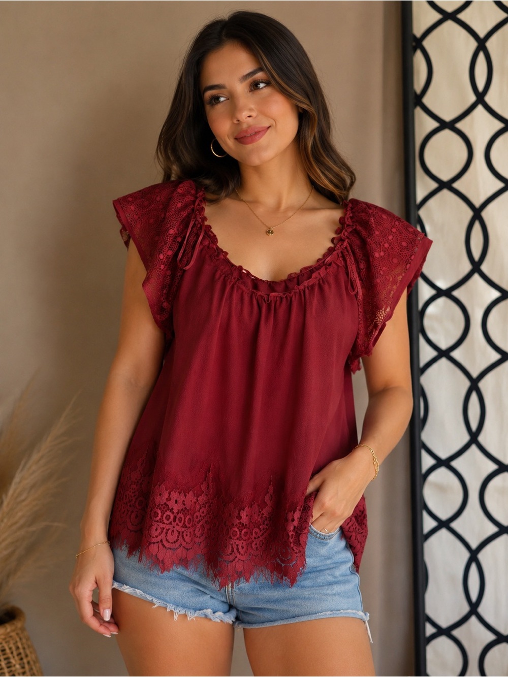 ELF Deep Burgundy Lace Flutter Sleeve Blouse